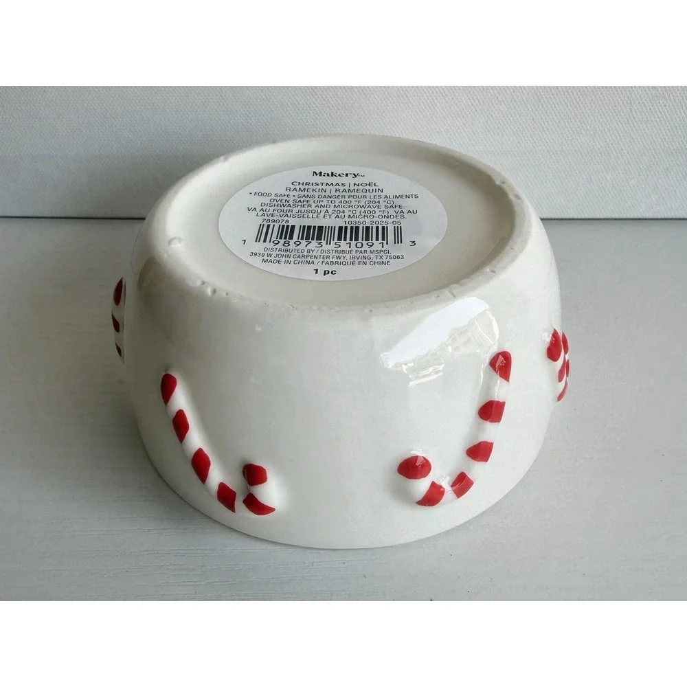 Set Of 3 Christmas Ramekins 4in Candy Cane Ceramic Oven Safe Baking Dish New